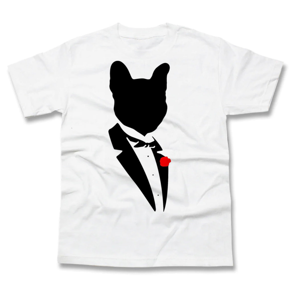 Dog Father White Tee-(Tuxedo Frenchie BLK Print)