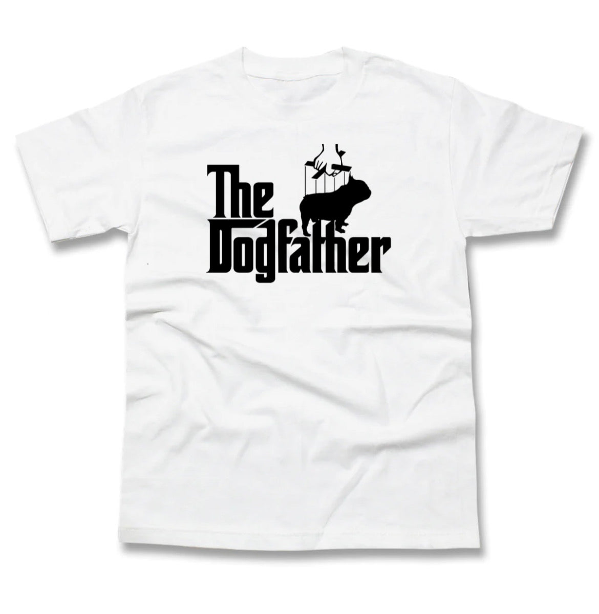 Dog Father White Tee-(Puppet Frenchie Blk Print)